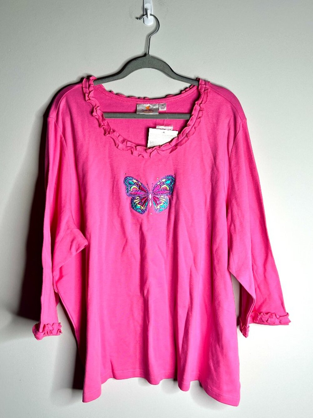 Quacker Factory Ruffle Neck Embroidered Butterfly Art To Wear Tee Shirt NWT 3X
